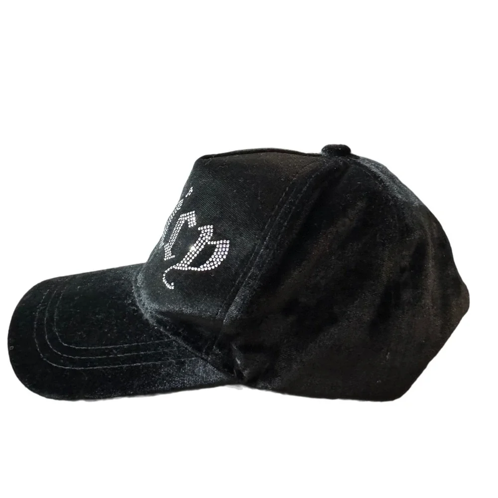 Juicy Couture Black Velvet Rhinestone Logo Y2K Baseball Cap Hat One Size